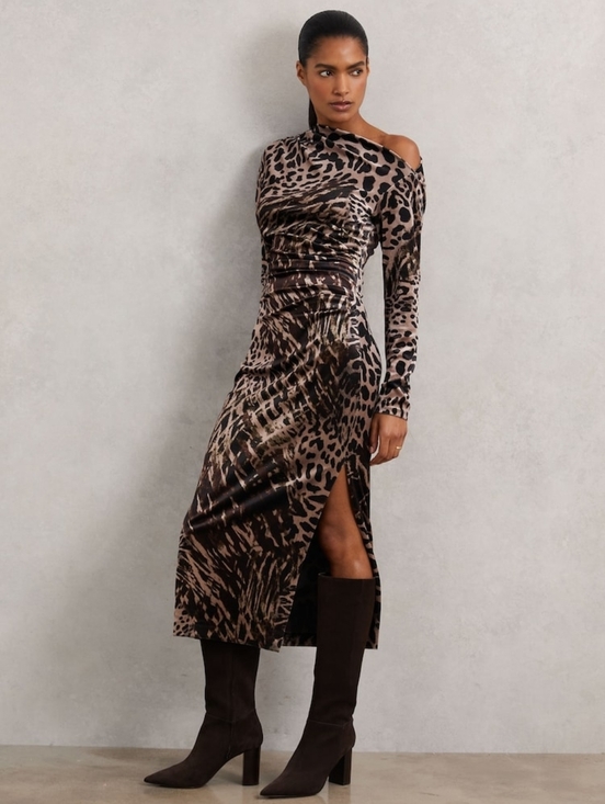 Reiss Dresses & Skirts - Reiss Briana Velvet Leopard Midi Dress Black/Brown Off Shoulder Long Women's 8